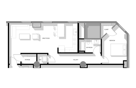 Floor plan for 1 bed, 1 bath, 760 sqft